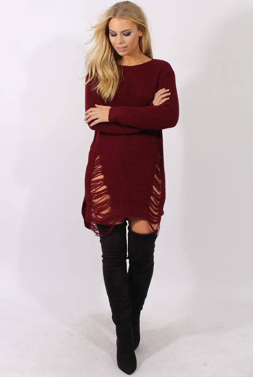 Wine Distressed Jumper Dress - Kim