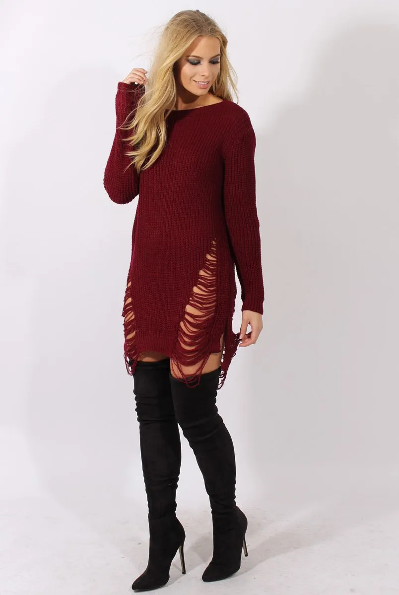 Wine Distressed Jumper Dress - Kim