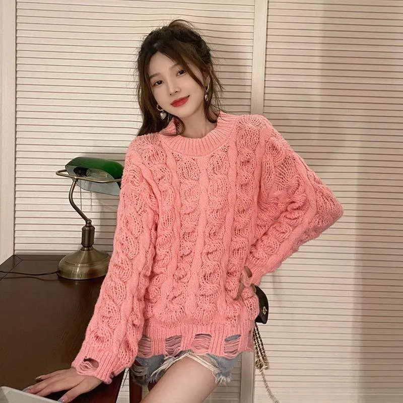 Women's Cute Distressed Cable Knitted Sweater