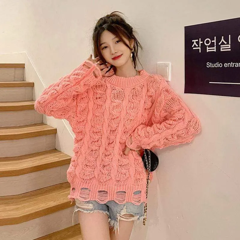 Women's Cute Distressed Cable Knitted Sweater