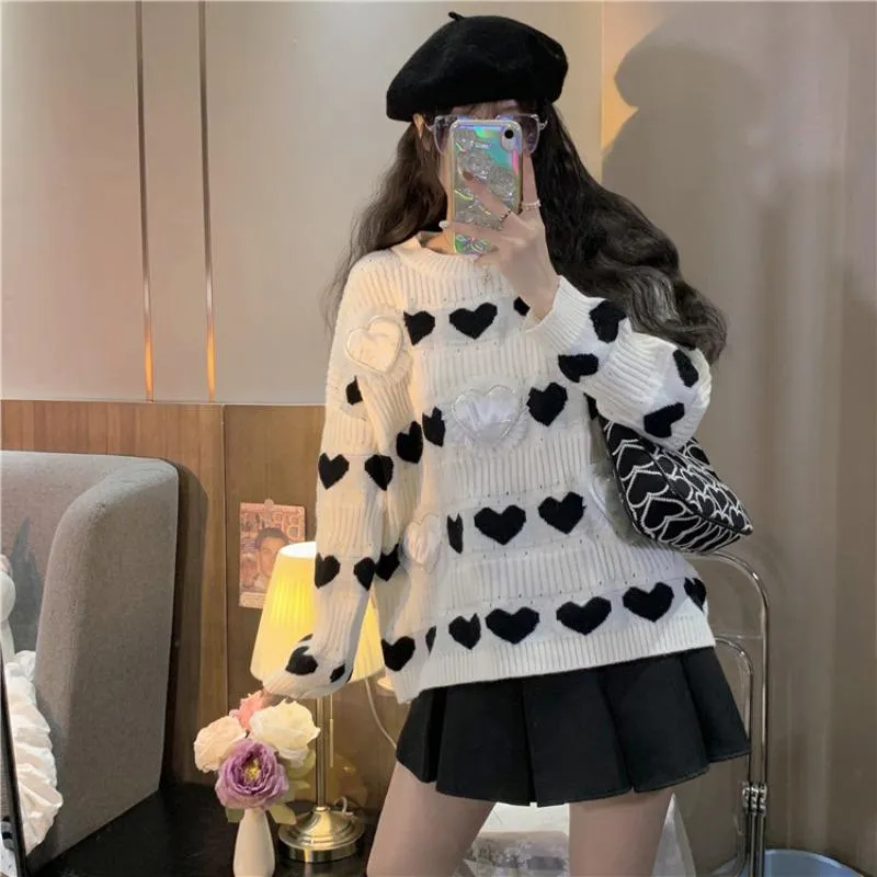 Women's Cute Heart Knitted Stripe Sweater