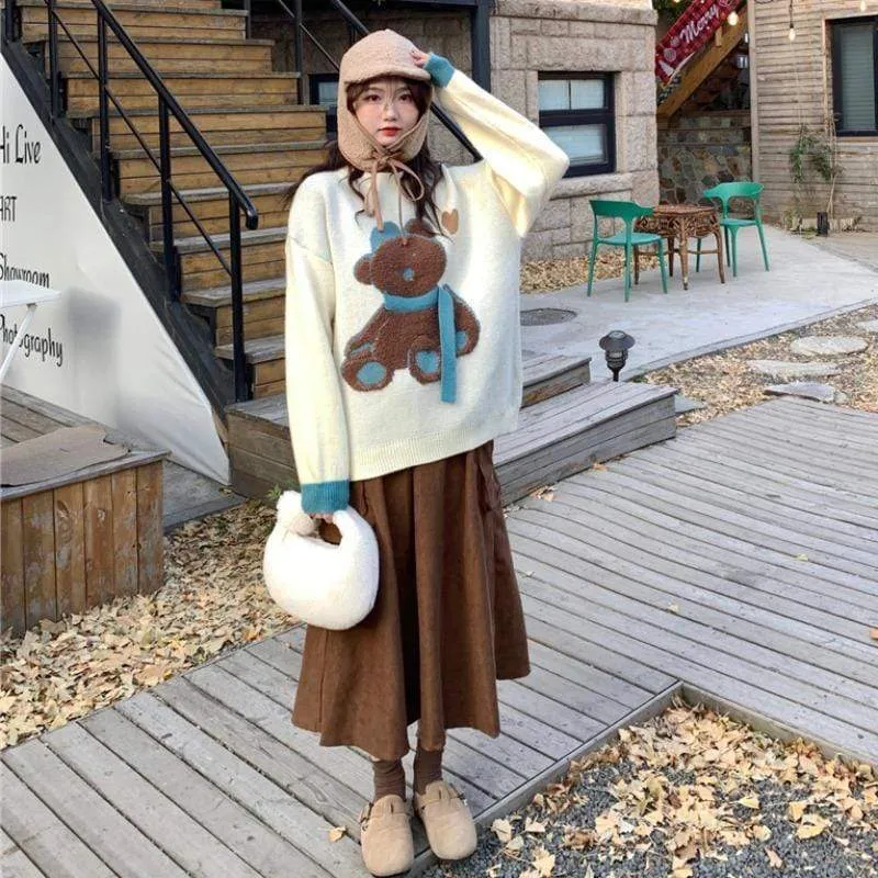 Women's Cute Polar Fleece Bear Knitted Sweater