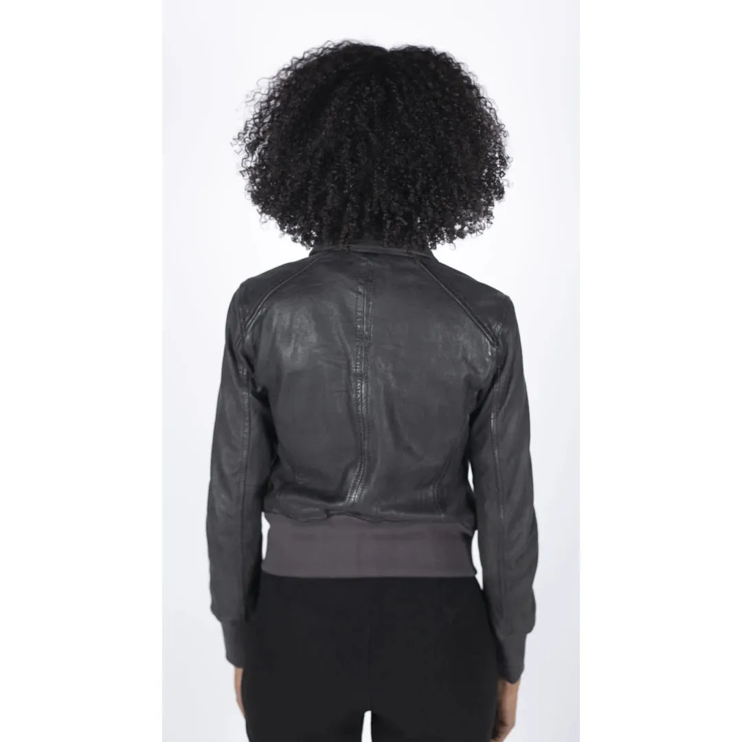 Women's Leather Bomber Jacket Short Zipped Brown Tan Black Blue Grey