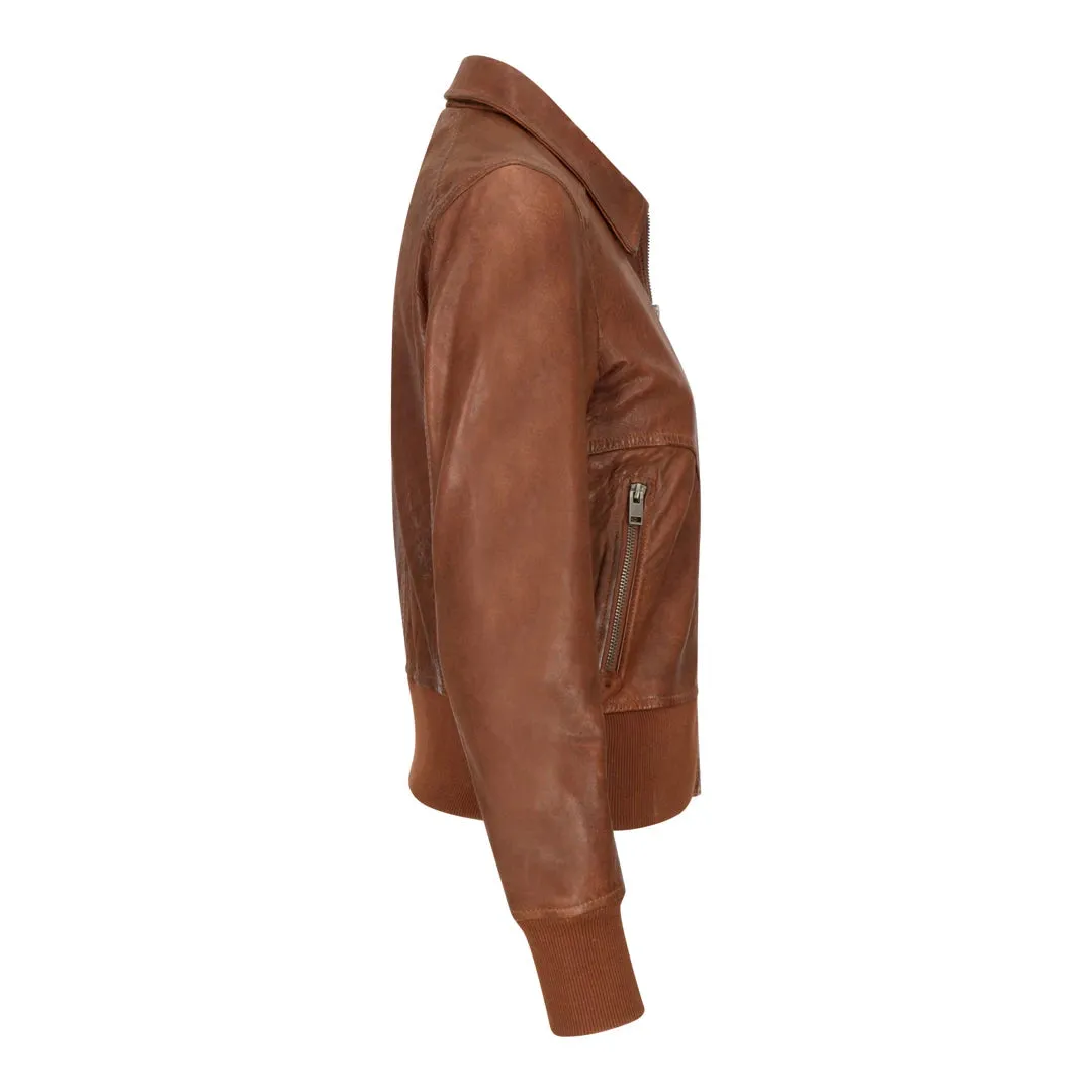 Women's Leather Bomber Jacket Short Zipped Brown Tan Black Blue Grey