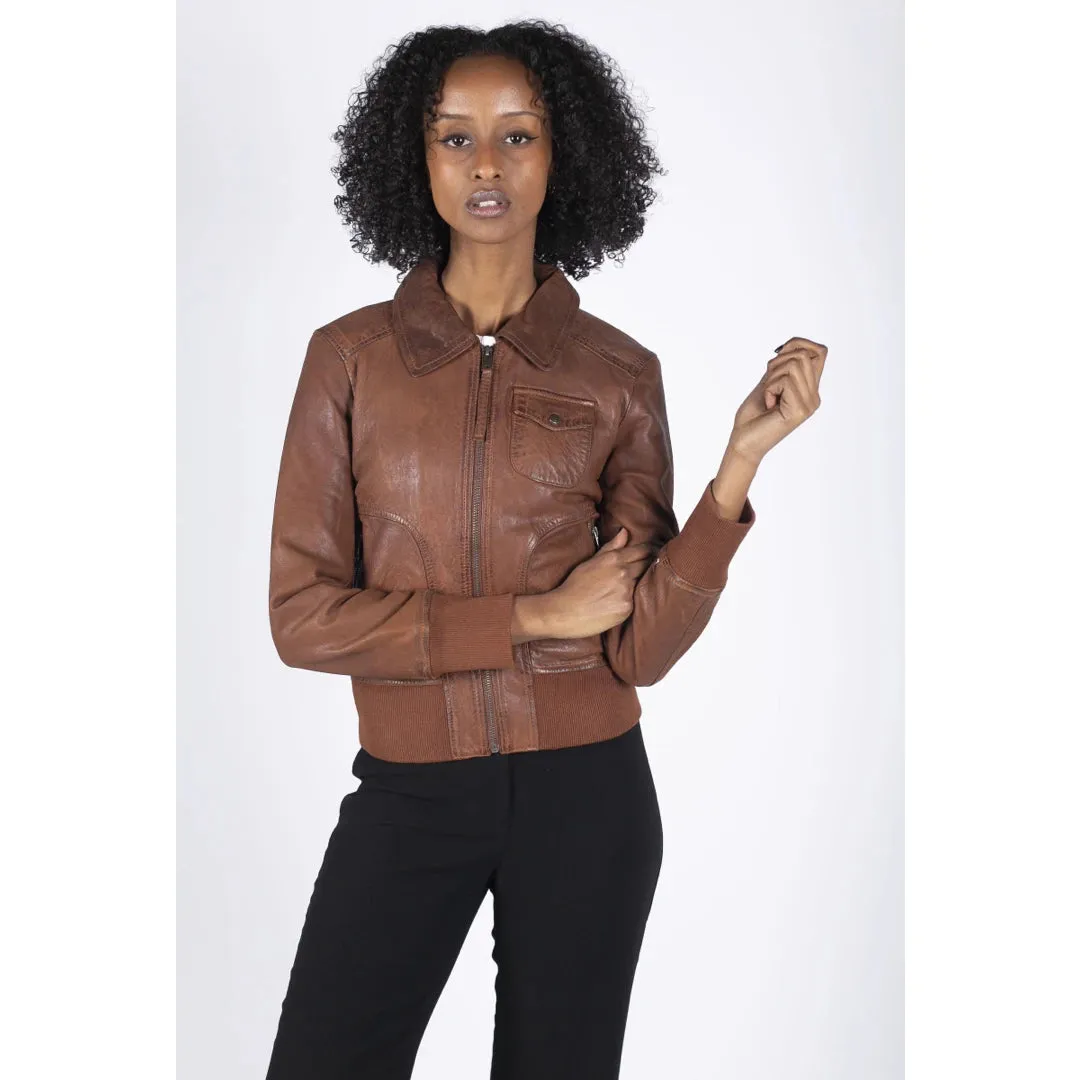 Women's Leather Bomber Jacket Short Zipped Brown Tan Black Blue Grey