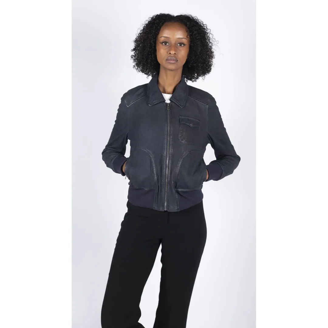 Women's Leather Bomber Jacket Short Zipped Brown Tan Black Blue Grey